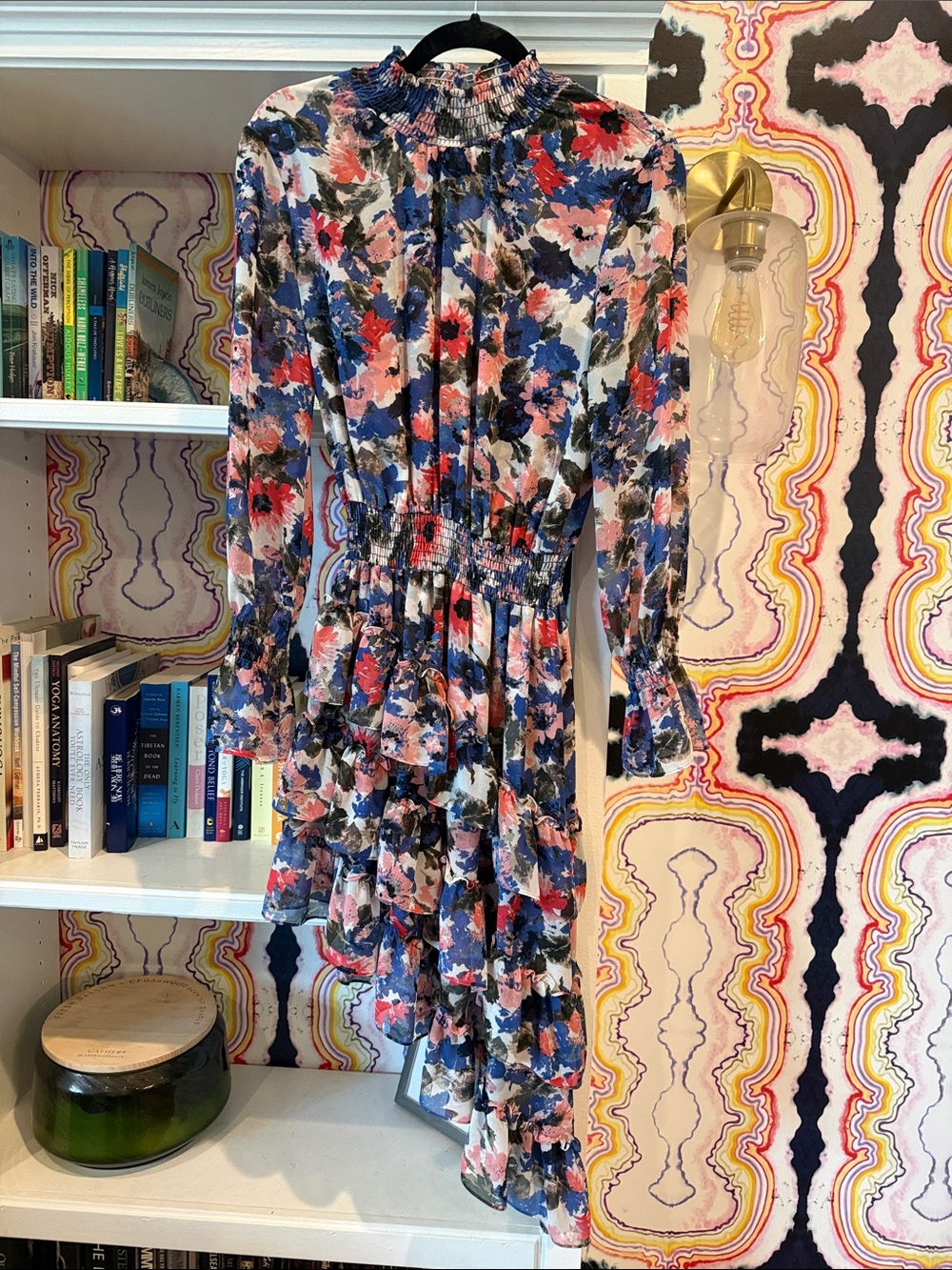 Misa Los Angeles Pink, Blue & Black Floral Ruffle Midi Dress
